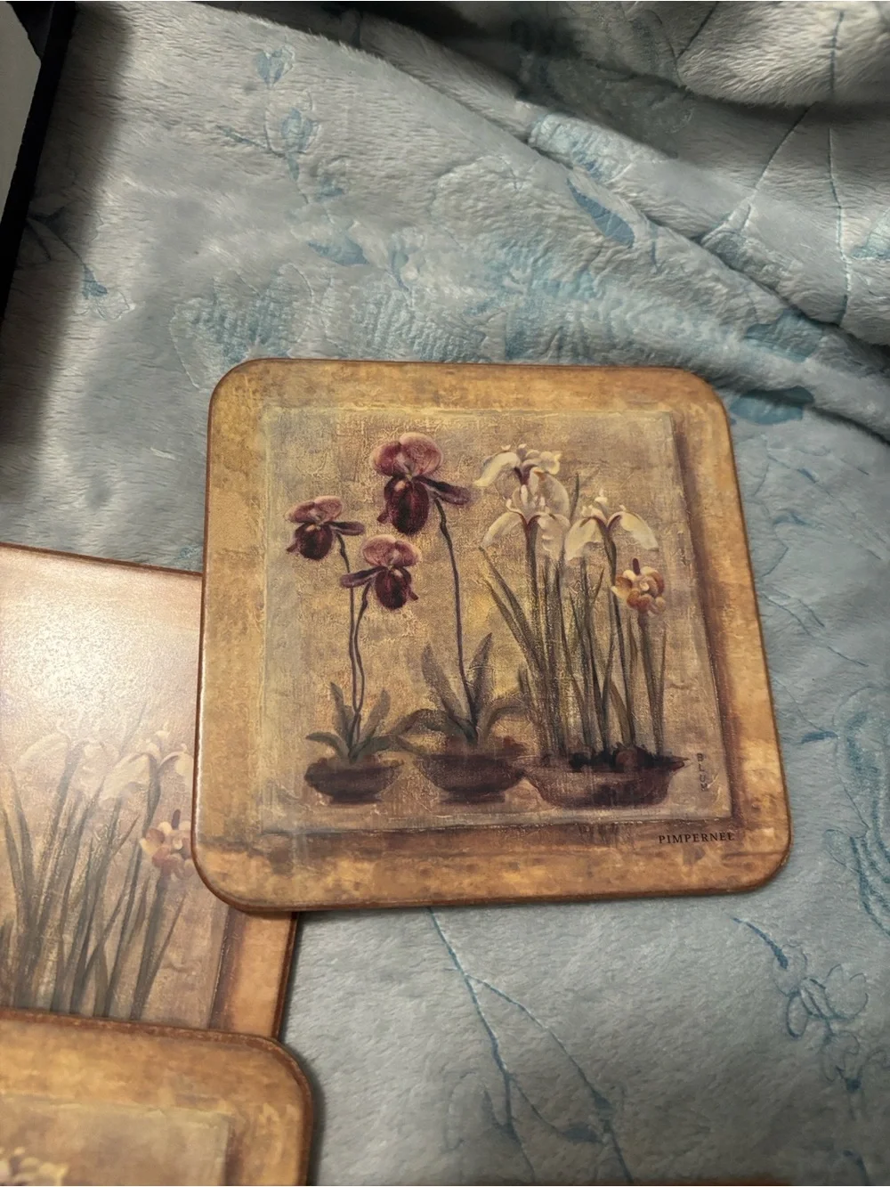 Pimpernel Floral Coaster Set in Gold and Purple Accents